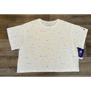 NWT Champion T Shirt White Mulit Logo Cropped Size 2X New